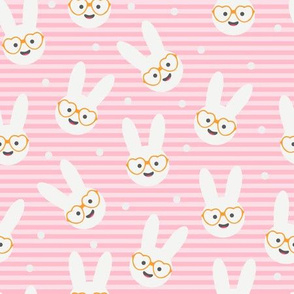 Marshmallow Bunnies Heads with Glasses on Pink Stripes with Confetti