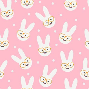 Marshmallow Bunnies Heads with Glasses on Pink with Confetti