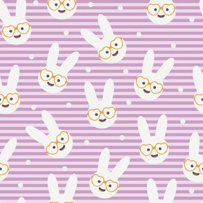 Marshmallow Bunnies Heads with Glasses on Purple Stripes with Confetti