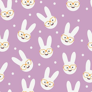 Marshmallow Bunnies Heads with Glasses on Purple with Confetti