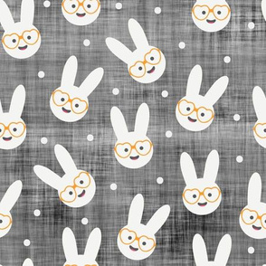 Marshmallow Bunnies Heads with Glasses on Grey Linen with Confetti
