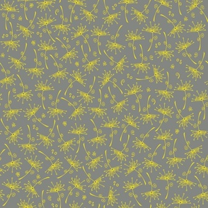 small scale dandelions - yellow hand-drawn dandelions on gray - floral fabric and wallpaper