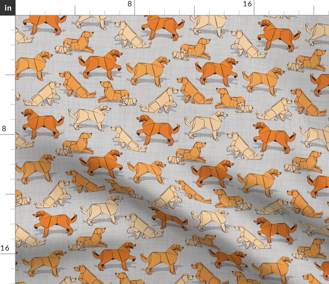 Small scale // Origami Golden Retriever and Labrador friends // grey linen texture background orange and beige paper and cardboard dogs