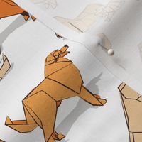 Small scale // Origami Golden Retriever and Labrador friends // white background orange and beige paper and cardboard dogs