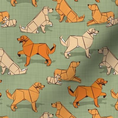 Small scale // Origami Golden Retriever and Labrador friends // sage green linen texture background orange and beige paper and cardboard dogs