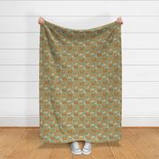 Small scale // Origami Golden Retriever and Labrador friends // sage green linen texture background orange and beige paper and cardboard dogs