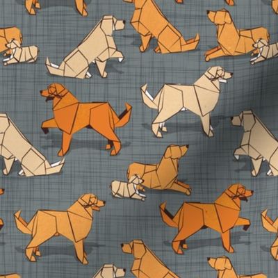 Small scale // Origami Golden Retriever and Labrador friends // green grey linen texture background orange and beige paper and cardboard dogs