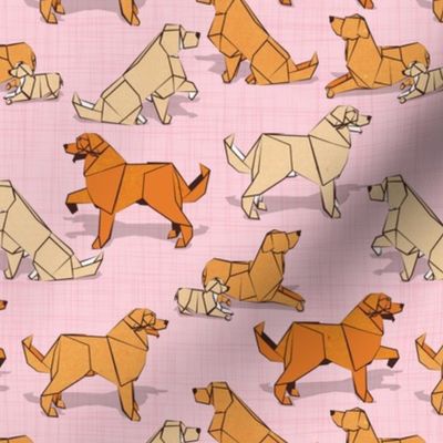 Small scale // Origami Golden Retriever and Labrador friends // pastel pink linen texture background orange and beige paper and cardboard dogs
