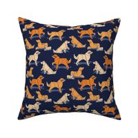 Small scale // Origami Golden Retriever and Labrador friends // oxford navy blue background orange and beige paper and cardboard dogs