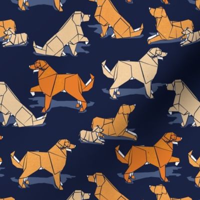 Small scale // Origami Golden Retriever and Labrador friends // oxford navy blue background orange and beige paper and cardboard dogs