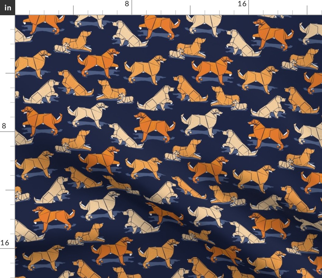 Small scale // Origami Golden Retriever and Labrador friends // oxford navy blue background orange and beige paper and cardboard dogs