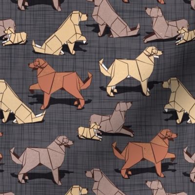 Small scale // Origami Golden Retriever and Labrador friends // charcoal grey linen texture background brown and beige paper and cardboard dogs