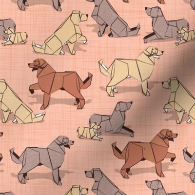 Small scale // Origami Golden Retriever and Labrador friends // flesh coral linen texture background brown and beige paper and cardboard dogs