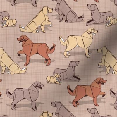 Small scale // Origami Golden Retriever and Labrador friends // brown linen texture background brown and beige paper and cardboard dogs