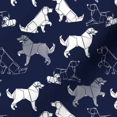 Small scale // Origami Golden Retriever and Labrador friends // oxford navy blue background white paper dogs