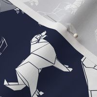 Small scale // Origami Golden Retriever and Labrador friends // oxford navy blue background white paper dogs