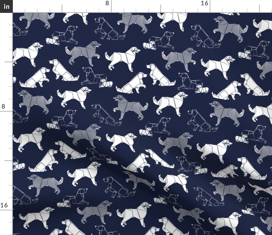 Small scale // Origami Golden Retriever and Labrador friends // oxford navy blue background white paper dogs