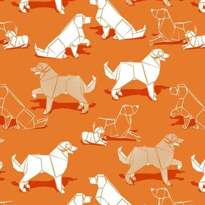 Small scale // Origami Golden Retriever and Labrador friends // orange background white paper dogs