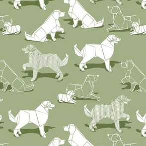 Small scale // Origami Golden Retriever and Labrador friends // sage green background white paper dogs