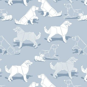 Small scale // Origami Golden Retriever and Labrador friends // pastel blue background white paper dogs