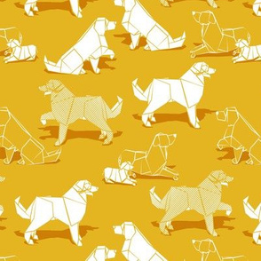 Small scale // Origami Golden Retriever and Labrador friends // goldenrod yellow background white paper dogs