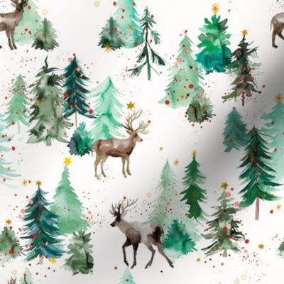 Reindeers Christmas Forest trees Watercolor Small 