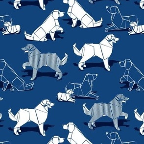 Small scale // Origami Golden Retriever and Labrador friends // classic blue background white paper dogs