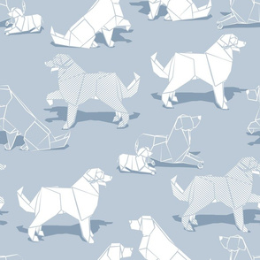 Normal scale // Origami Golden Retriever and Labrador friends // pastel blue background white paper dogs