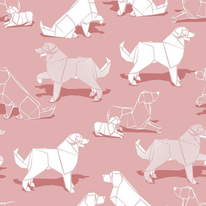 Normal scale // Origami Golden Retriever and Labrador friends // blush pink background white paper dogs