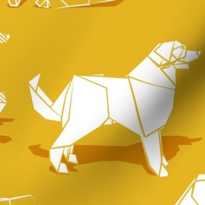 Normal scale // Origami Golden Retriever and Labrador friends // goldenrod yellow background white paper dogs