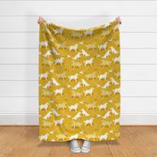 Normal scale // Origami Golden Retriever and Labrador friends // goldenrod yellow background white paper dogs