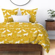 Normal scale // Origami Golden Retriever and Labrador friends // goldenrod yellow background white paper dogs