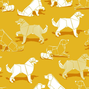 Normal scale // Origami Golden Retriever and Labrador friends // goldenrod yellow background white paper dogs