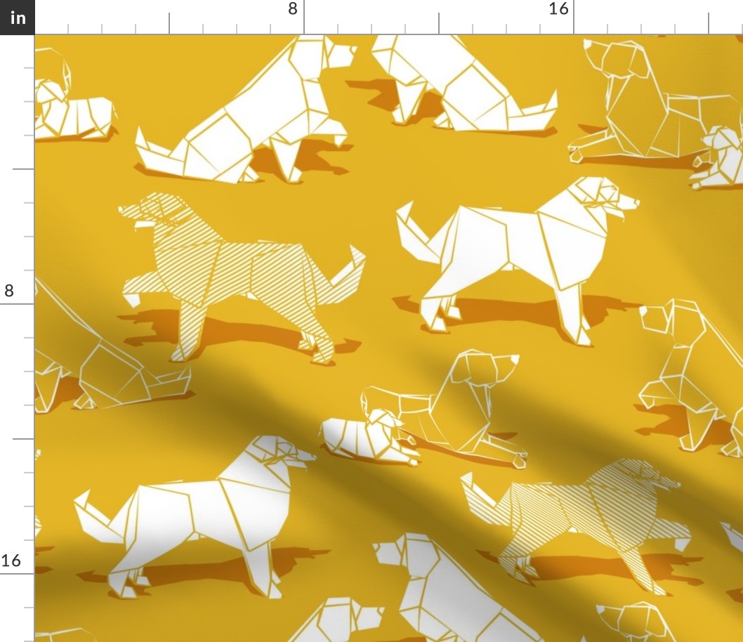 Normal scale // Origami Golden Retriever and Labrador friends // goldenrod yellow background white paper dogs