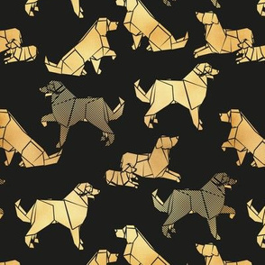 Small scale // Origami metallic Golden Retriever and Labrador friends // black background metal golden paper dog breeds