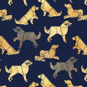 Small scale // Origami metallic Golden Retriever and Labrador friends // oxford navy blue metal golden paper dog breeds