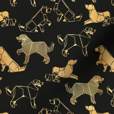 Small scale // Origami metallic Golden Retriever and Labrador friends // black background metal golden lined paper dog breeds