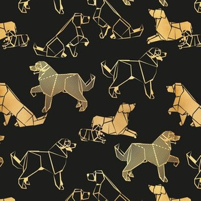 Small scale // Origami metallic Golden Retriever and Labrador friends // black background metal golden lined paper dog breeds