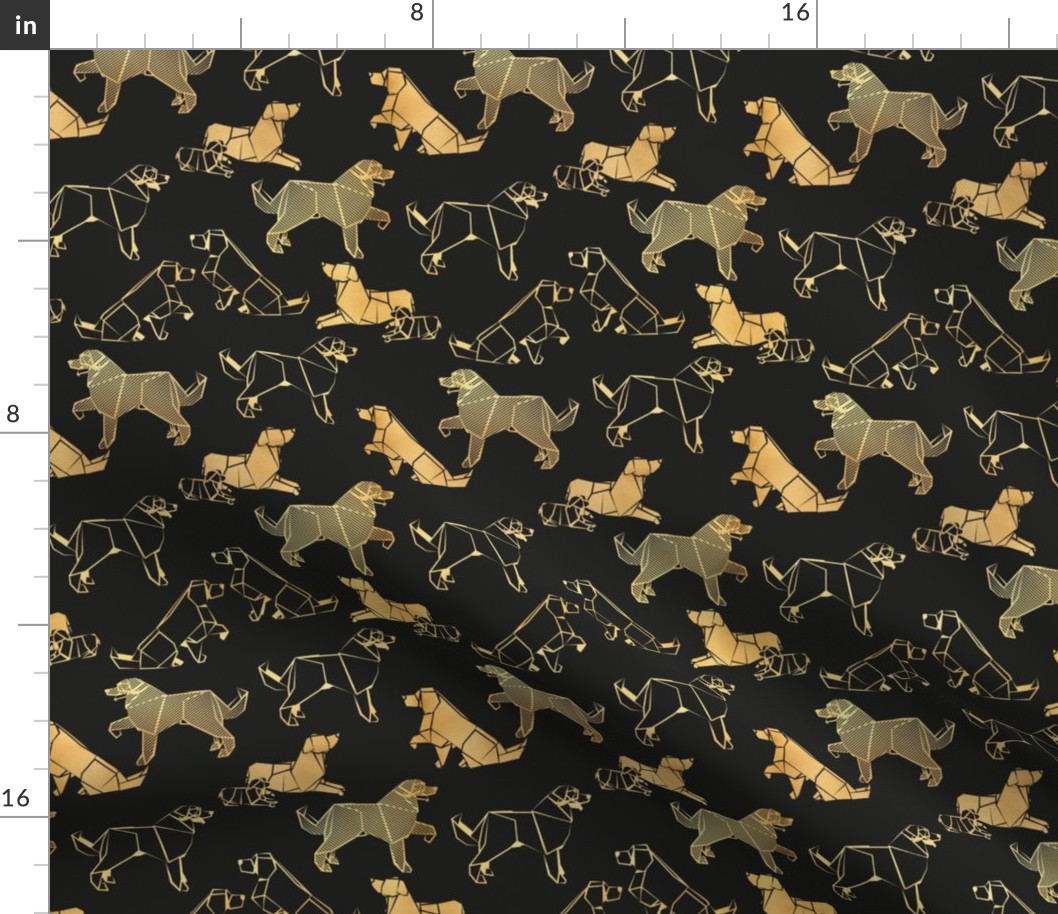 Small scale // Origami metallic Golden Retriever and Labrador friends // black background metal golden lined paper dog breeds