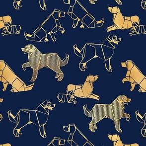 Small scale // Origami metallic Golden Retriever and Labrador friends // oxford navy blue background metal golden lined paper dog breeds