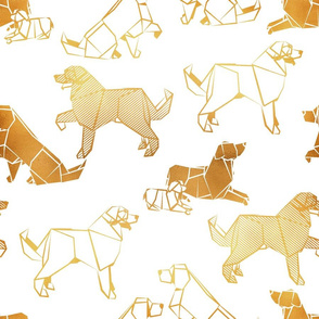 Normal scale // Origami metallic Golden Retriever and Labrador friends // white background metal golden lined paper dog breeds