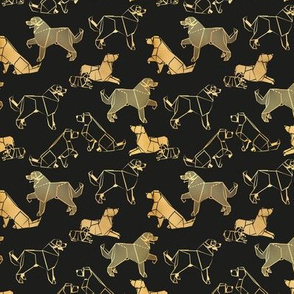 Tiny scale // Origami metallic Golden Retriever and Labrador friends // black background metal golden lined paper dog breeds