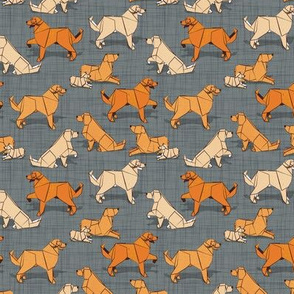 Tiny scale // Origami Golden Retriever and Labrador friends // green grey linen texture background orange and beige paper and cardboard dogs