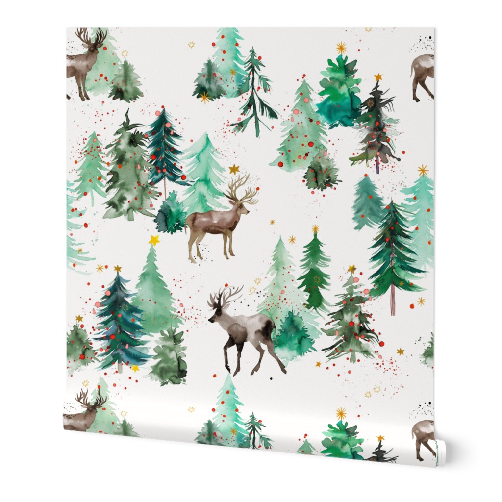 Reindeers and christmas trees watercolor Micro