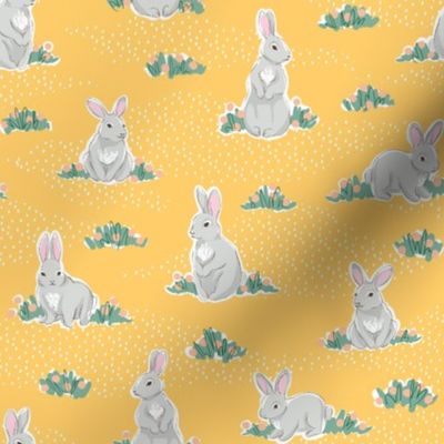 Spring rabbits on yellow 