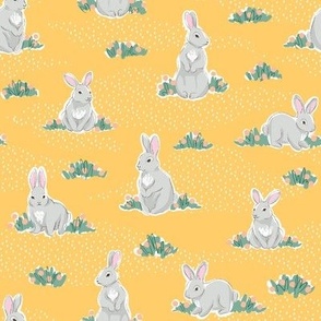 Spring rabbits on yellow 