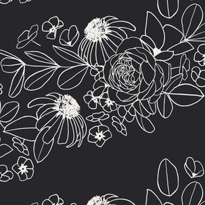 Boho Wildflower Diagonal Line Art | Large Scale | Classic black, creamy white | black and white florals