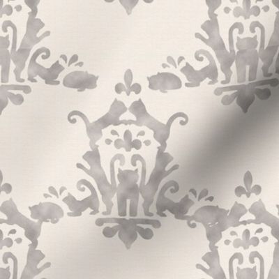 Cat  Damask Flocked Beige on Textured Cream