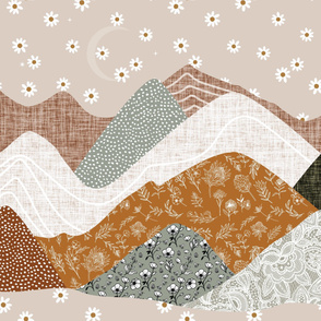 36x54 blanket: layered mountains // green olive no. 2, 23-1 daisies, spice no. 2, laurel whitnie floral, sugar sand, otter lace, tess rust