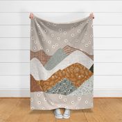 54x72 blanket: layered mountains // green olive no. 2, 23-1 daisies, spice no. 2, laurel whitnie floral, sugar sand, otter lace, tess rust